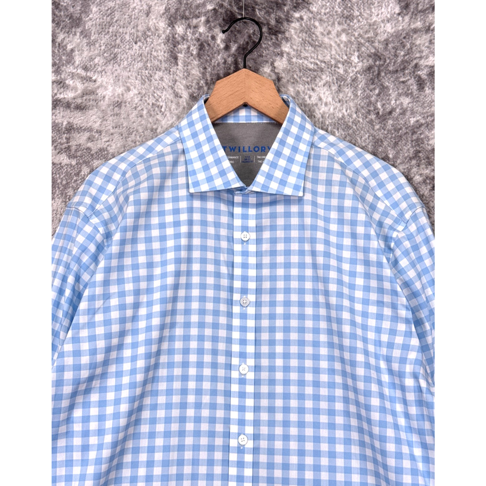 Twillory Dress Shirt 17.5 Mens Performance Fabric Tailored Fit 36/37 Blue Check